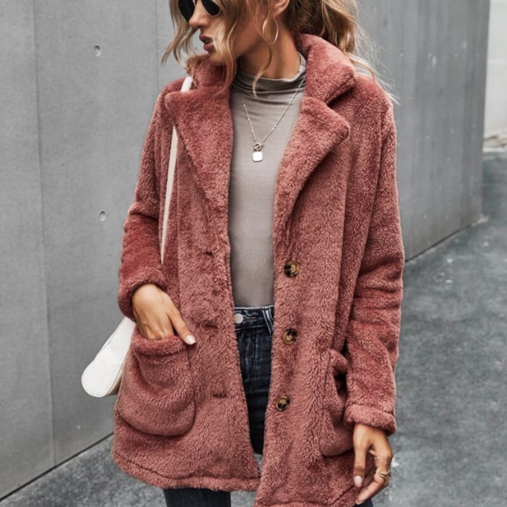 camel tan comfy button pocket teddy jacket coat - Picture 5 of 8